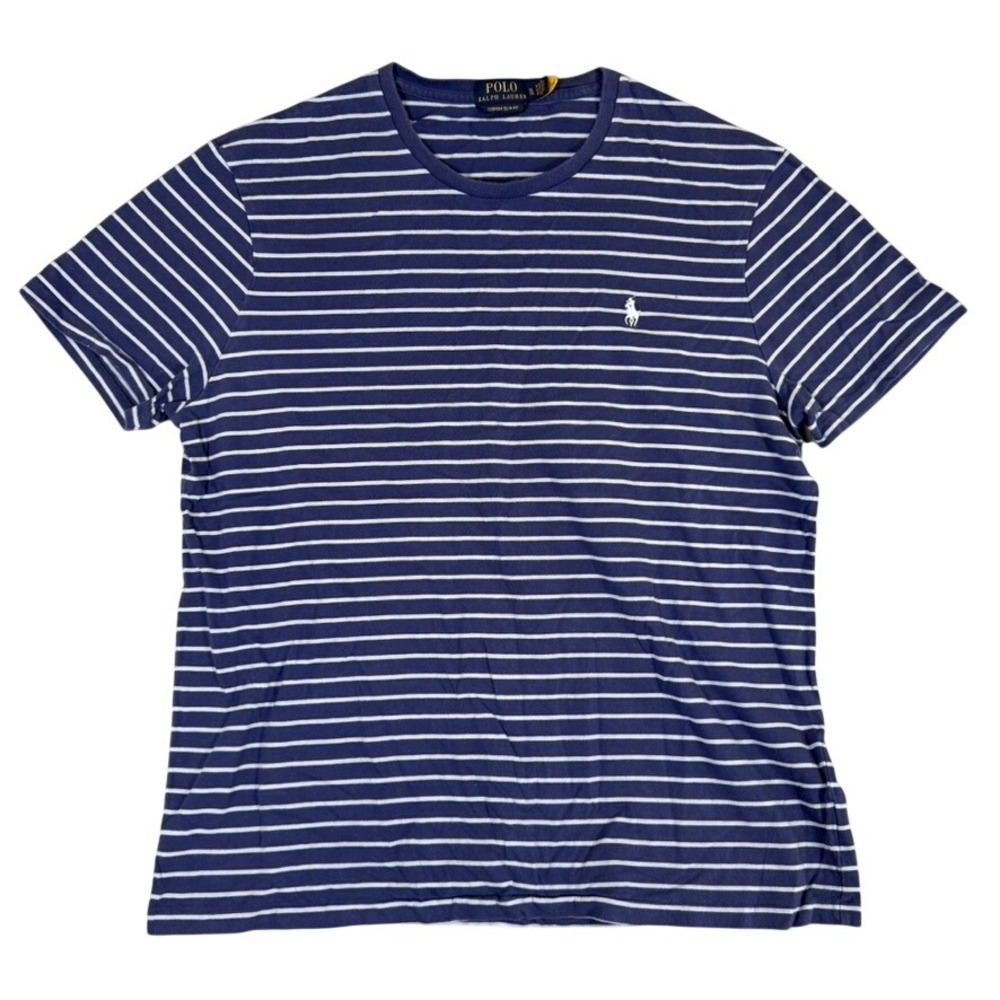 Polo Ralph Lauren Mens XL Custom Slim Fit Striped T-Shirt Navy Blue White Pony